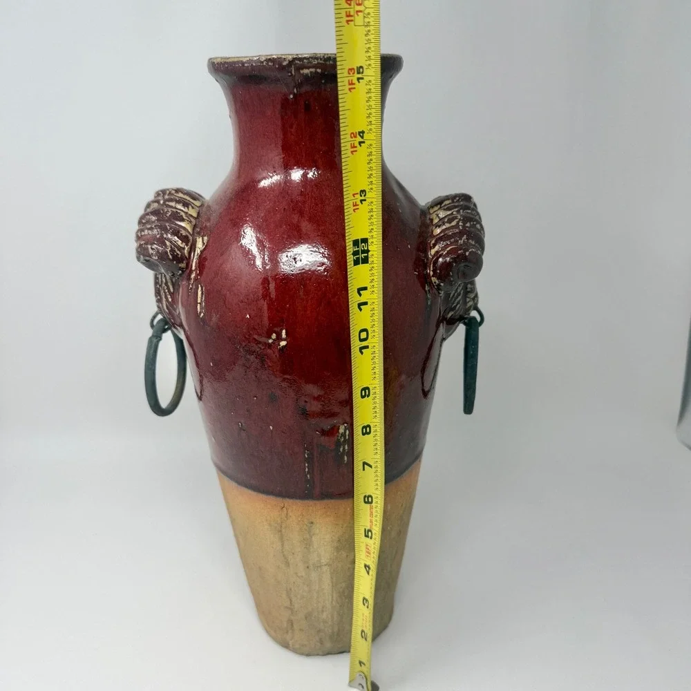 Rustic Red Lion Head Vase Glazed Metal Ring Handles 15.5